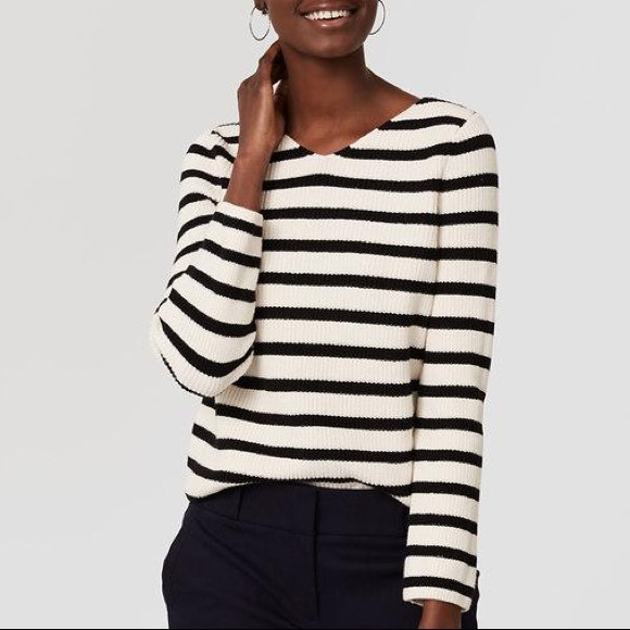 BRAND NEW!  LOFT Striped Lace Up Sweater - Picture 1 of 7